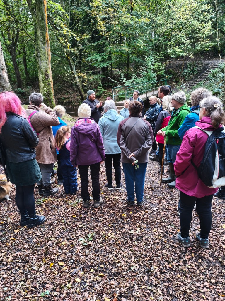 A group of people gathered in a forest, listening to a speaker in a casual outdoor setting. The scene features lush greenery and fallen leaves on the ground.